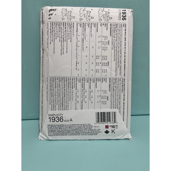 SIMPLICITY PATTERN 1936 APRONS MISSES & GIRLS SIZES S M L + 18" DOLL UNCUT NEW - Picture 2 of 4